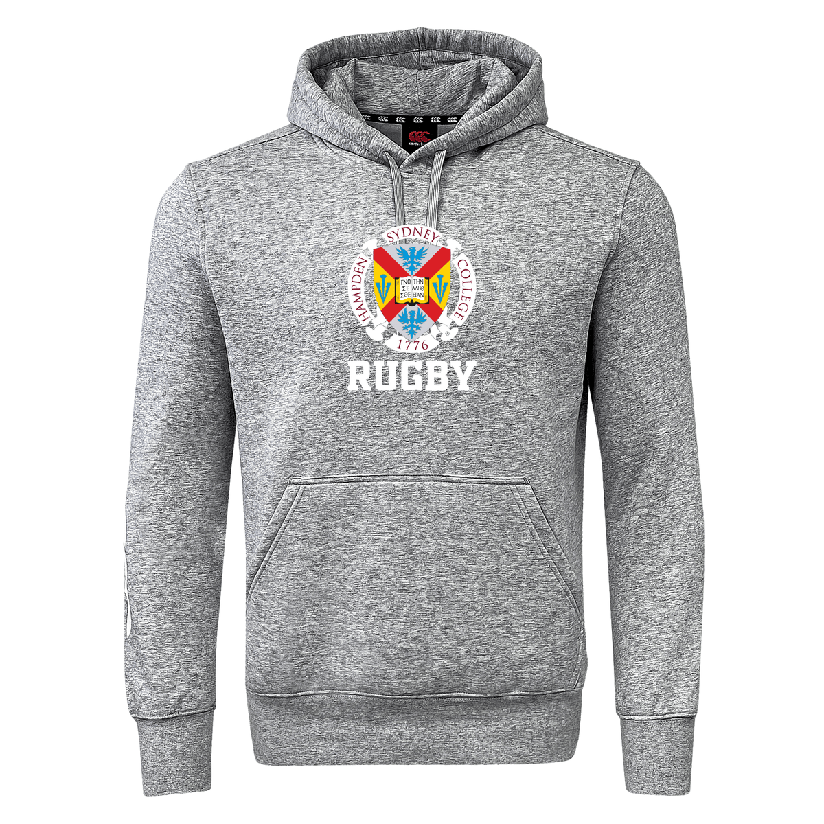 Hampden Sydney College Club Hoodie by Canterbury from WRS Canterbury, featuring a gray hood with "Hampden-Sydney College Rugby Club 1776" emblazoned on the chest along with a colorful and detailed crest, crafted from soft 300gsm sweatshirt fleece.