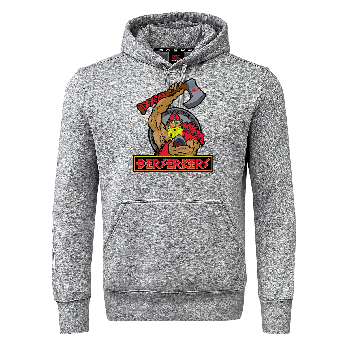 Berserkers Club Hoodie by Canterbury featuring a muscular arm holding an axe, with a red and black "Berserkers" logo below the design. Crafted from cozy sweatshirt fleece, it's perfect for fans looking to showcase their strength and style.