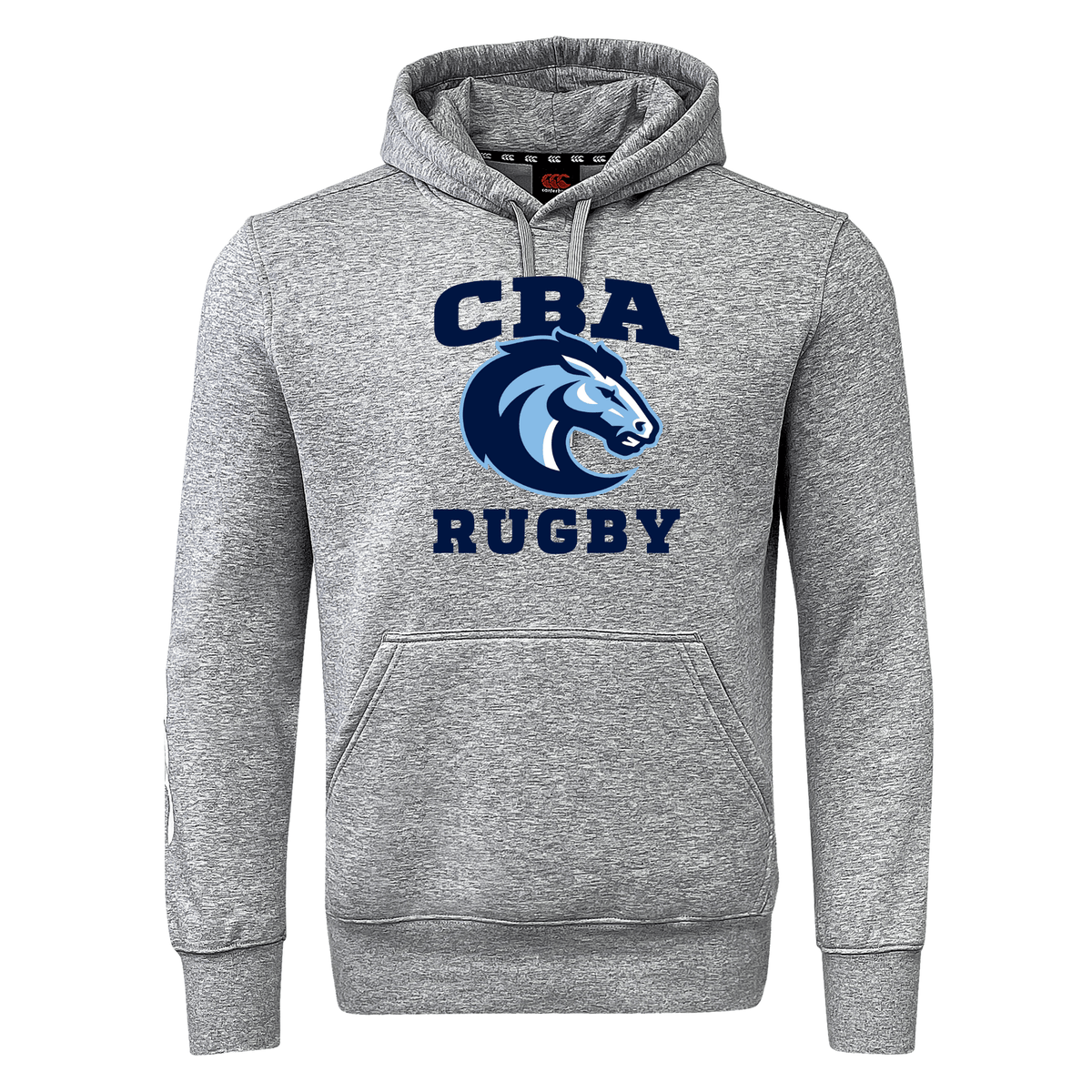 Christian Brothers Academy Rugby Club Hoodie by WRS Canterbury: Gray hoodie with "CBA RUGBY" and a blue horse logo, offering optional customization.