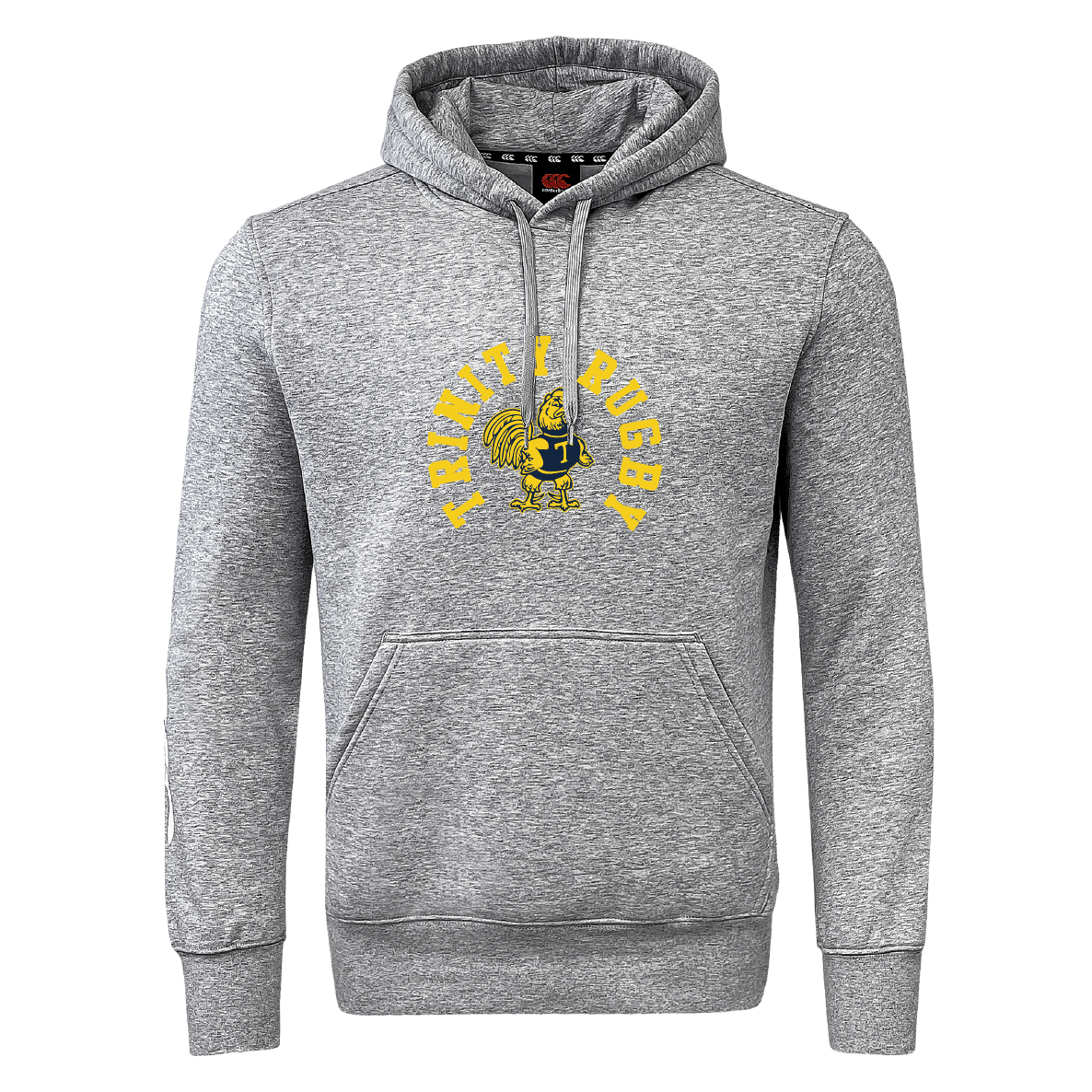 The Trinity College Club Hoodie by WRS Canterbury is a gray rugby club hoodie with "Trinity Rugby" and a vibrant yellow rooster graphic on the front. It features Canterbury branding, and you have the option to add personal customization.