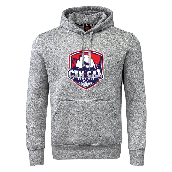 The CenCal Rugby Club Hoodie by Canterbury from WRS Canterbury is a gray hooded sweatshirt with a kangaroo pocket and a bold "Cen Cal Rugby Club" bear, trees, and mountains logo—ideal as your team’s custom hoodie.