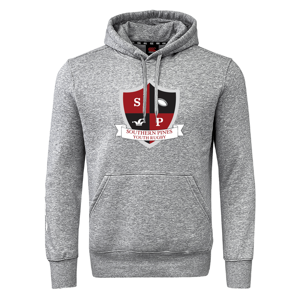 The Southern Pines Youth Rugby Club Hoodie by WRS Canterbury is a gray rugby hoodie made from premium fleece, featuring a front pocket and bold shield logo with "SP," a rugby ball, horse, and a "Southern Pines Youth Rugby" banner. Customization options are available for personalization.