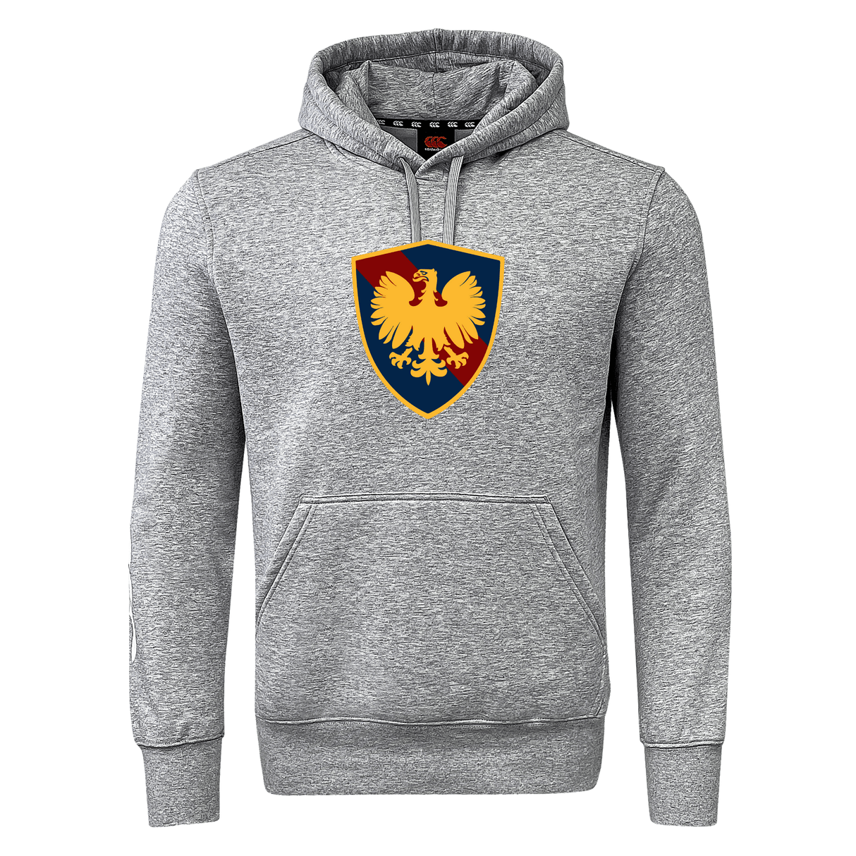 Cincinnati Classical Academy Club Hoodie by WRS Canterbury with a red and blue shield emblem featuring a golden eagle on the chest, displayed on a plain background.