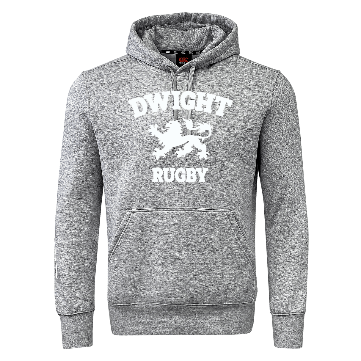Dwight Rugby White Logo Club Hoodie by Canterbury with a front pocket featuring "DWIGHT RUGBY" printed in white and a lion graphic beneath "DWIGHT." Made from sweatshirt fleece, this hoodie also includes subtle CCC branding by WRS Canterbury.