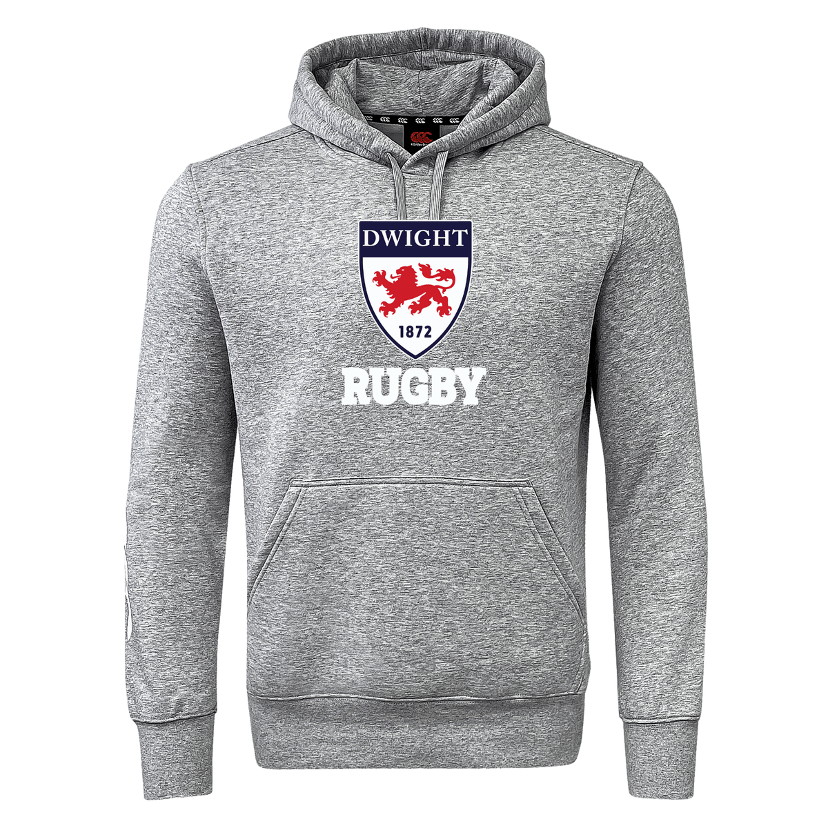 Gray hoodie with "Dwight Rugby Club Hoodie by Canterbury" logo featuring a red lion crest on the chest, kangaroo pocket, and adjustable drawstring hood.