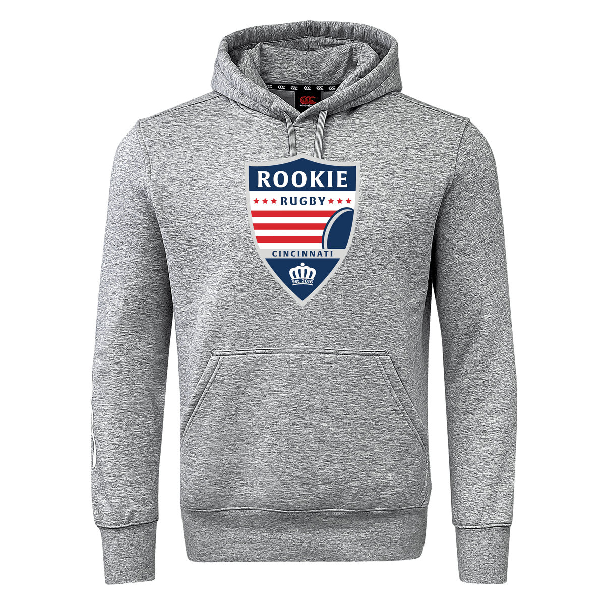 Cincinnati Rookie Rugby Club Hoodie by WRS Canterbury featuring a "Rookie Rugby Cincinnati" logo with a rugby ball and crown. This CCC sweatshirt fleece offers both comfort and style, perfect for showcasing your passion for the game.