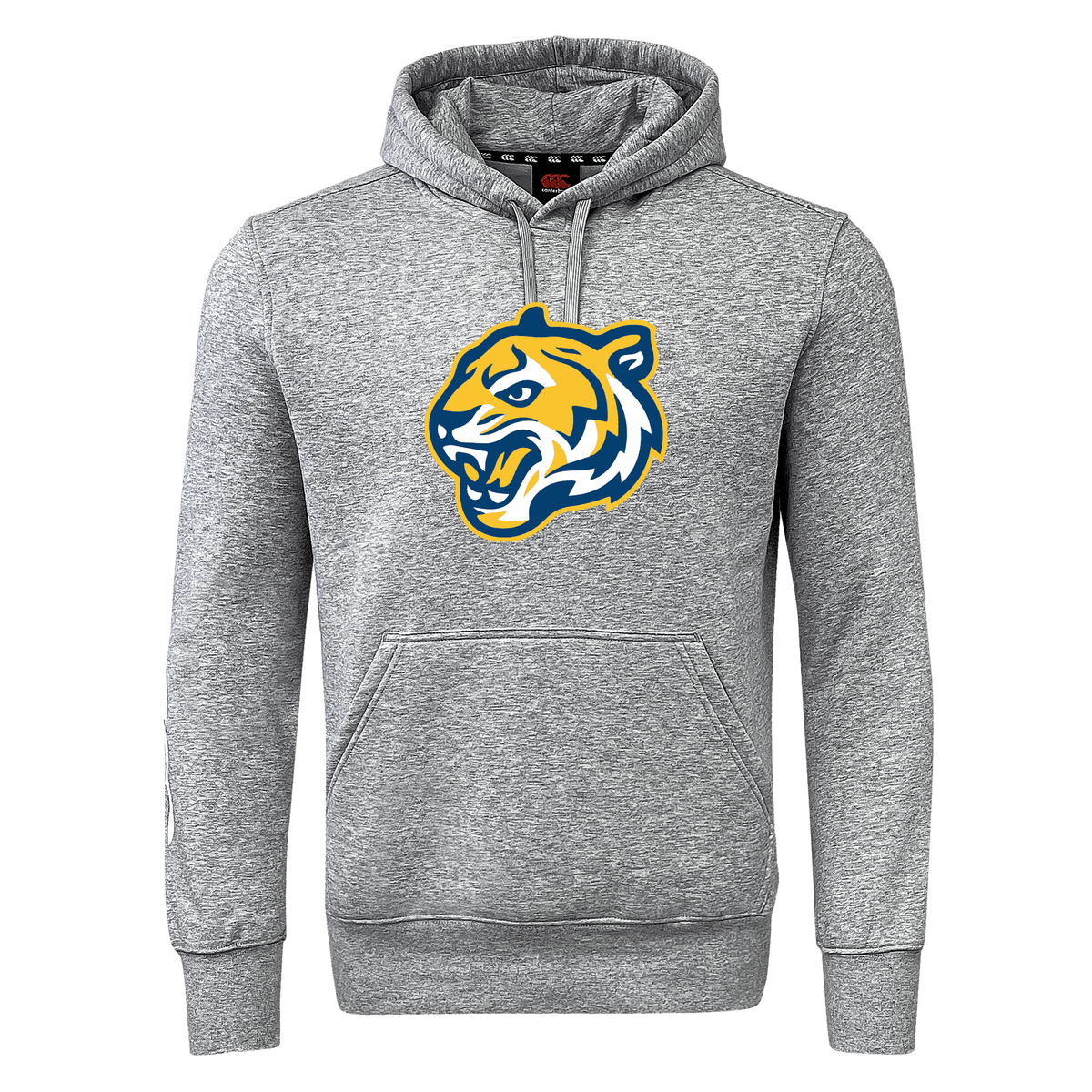 Gray hooded sweatshirt fleece with a prominent tiger face logo on the front, customized for the Noble Street College Prep Club by WRS Canterbury Rugby Club.