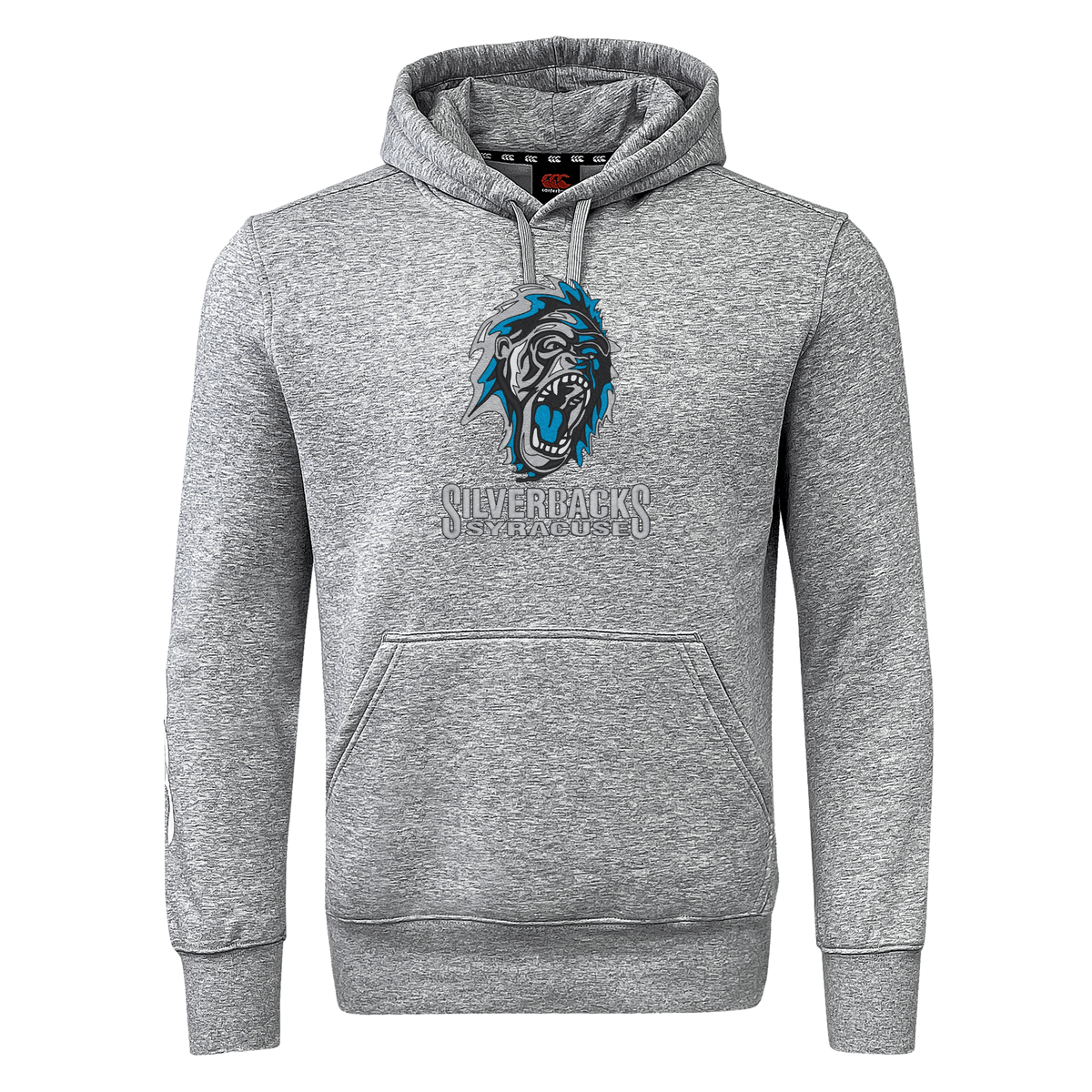 Syracuse Silverbacks Club Hoodie by WRS Canterbury with a front graphic of a roaring gorilla highlighted in blue, labeled "SILVERBACKS STAY UNDEFEATED." Crafted from 300gsm sweatshirt fleece, it features WRS Canterbury branding alongside the graphic. It also has a front pocket and black drawstrings.