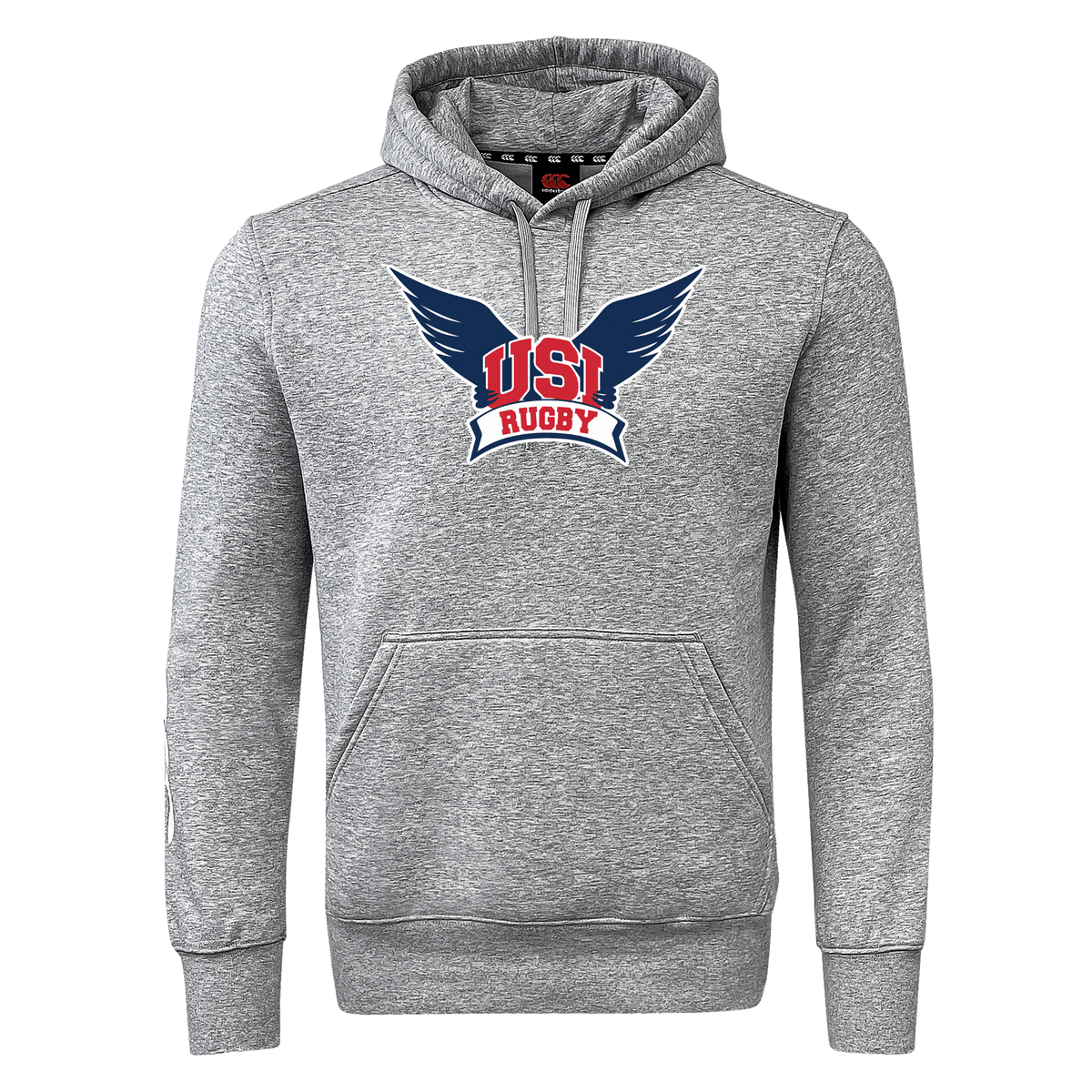 A gray University of Southern Indiana Club Hoodie by Canterbury with a front pocket featuring "USI RUGBY" text and a winged logo in red and blue, complete with WRS Canterbury sleeve branding.