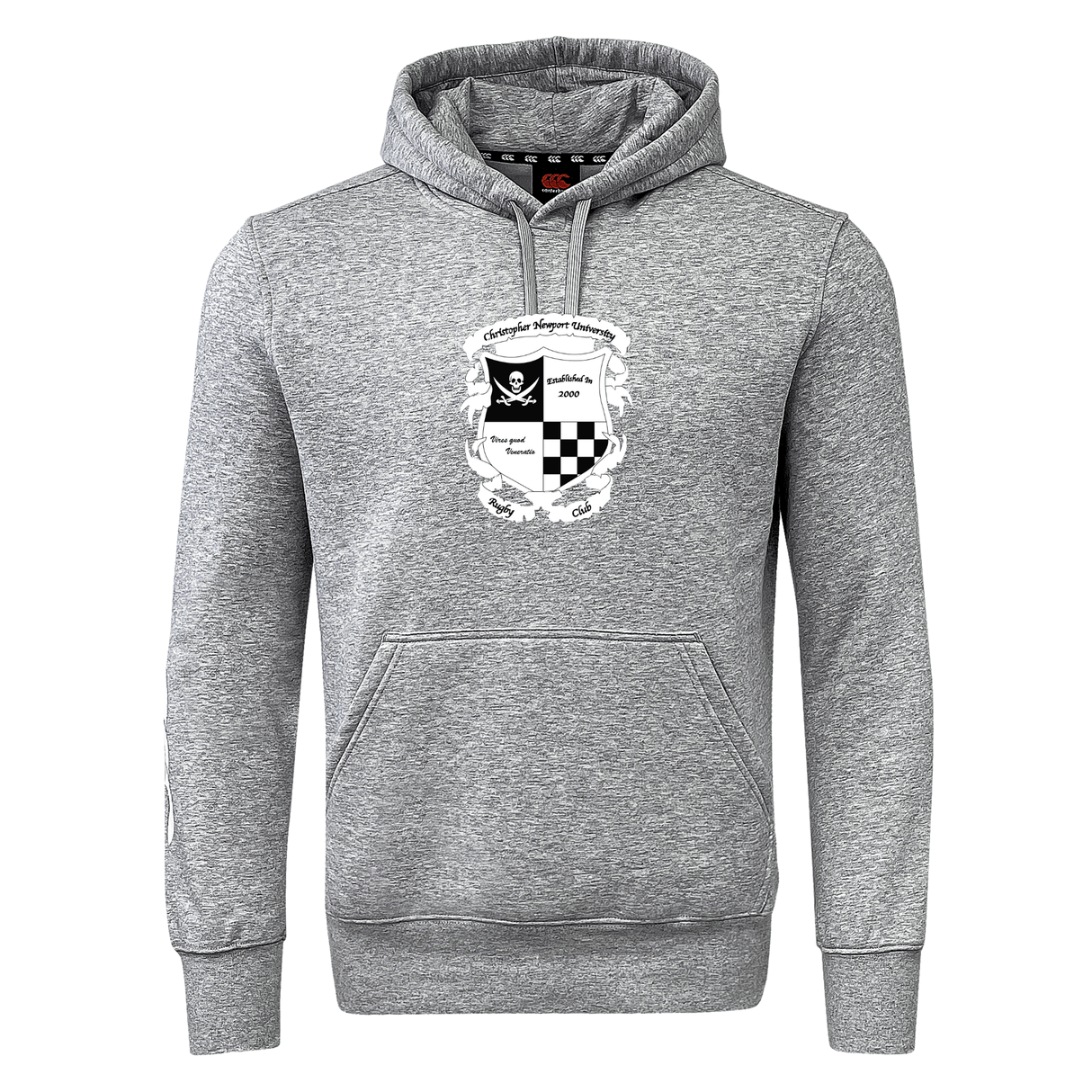 Gray hoodie with a checkerboard crest design and a kangaroo pocket, showcased on a white background. This Rugby Football Club at Christopher Newport University Club Hoodie by Canterbury is crafted from sweatshirt fleece for extra comfort.