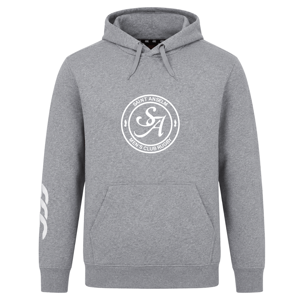 The WRS Canterbury Saint Anselm College Club Rugby Hoodie is a gray hooded sweatshirt with a front pocket, circular "Saint Anselm Men's Club Rugby" chest logo, and a white design on the right sleeve.