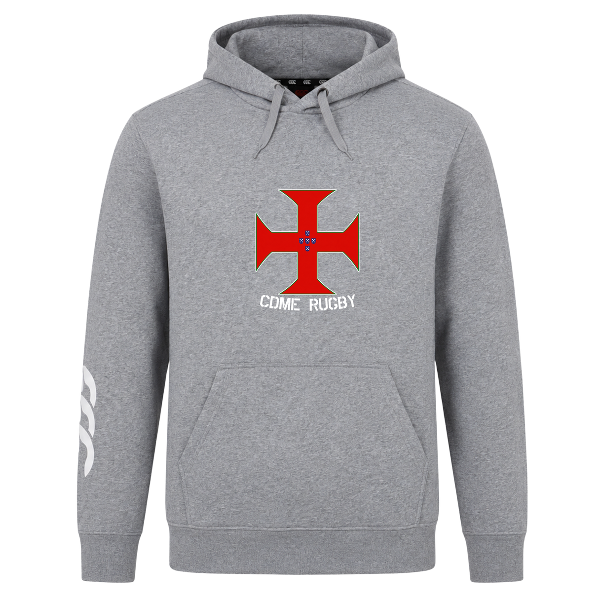 Show your club pride in the SF CDME Rugby Club Hoodie by WRS Canterbury, featuring a front kangaroo pocket, red cross emblem and "CDME RUGBY" text on the chest, plus a white logo on the left sleeve—delivering team spirit and comfort from Canterbury.