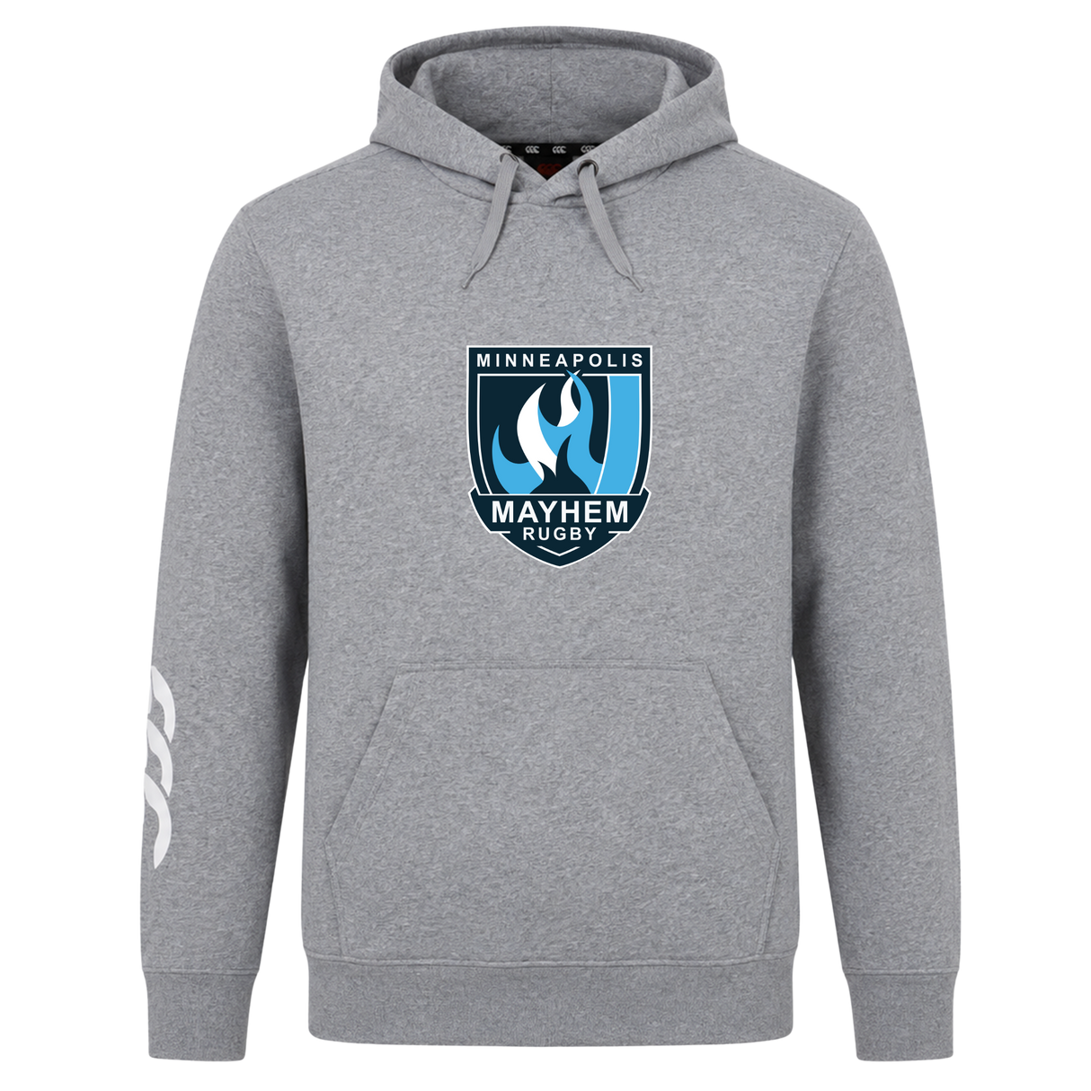 The Minneapolis Mayhem Rugby Club Hoodie by Canterbury from WRS Canterbury features a gray design with a front pocket, the Minneapolis Mayhem Rugby logo on the chest, and a white graphic on the left sleeve. This custom hoodie blends classic style and team spirit, making it ideal for showing your support both on and off the field.