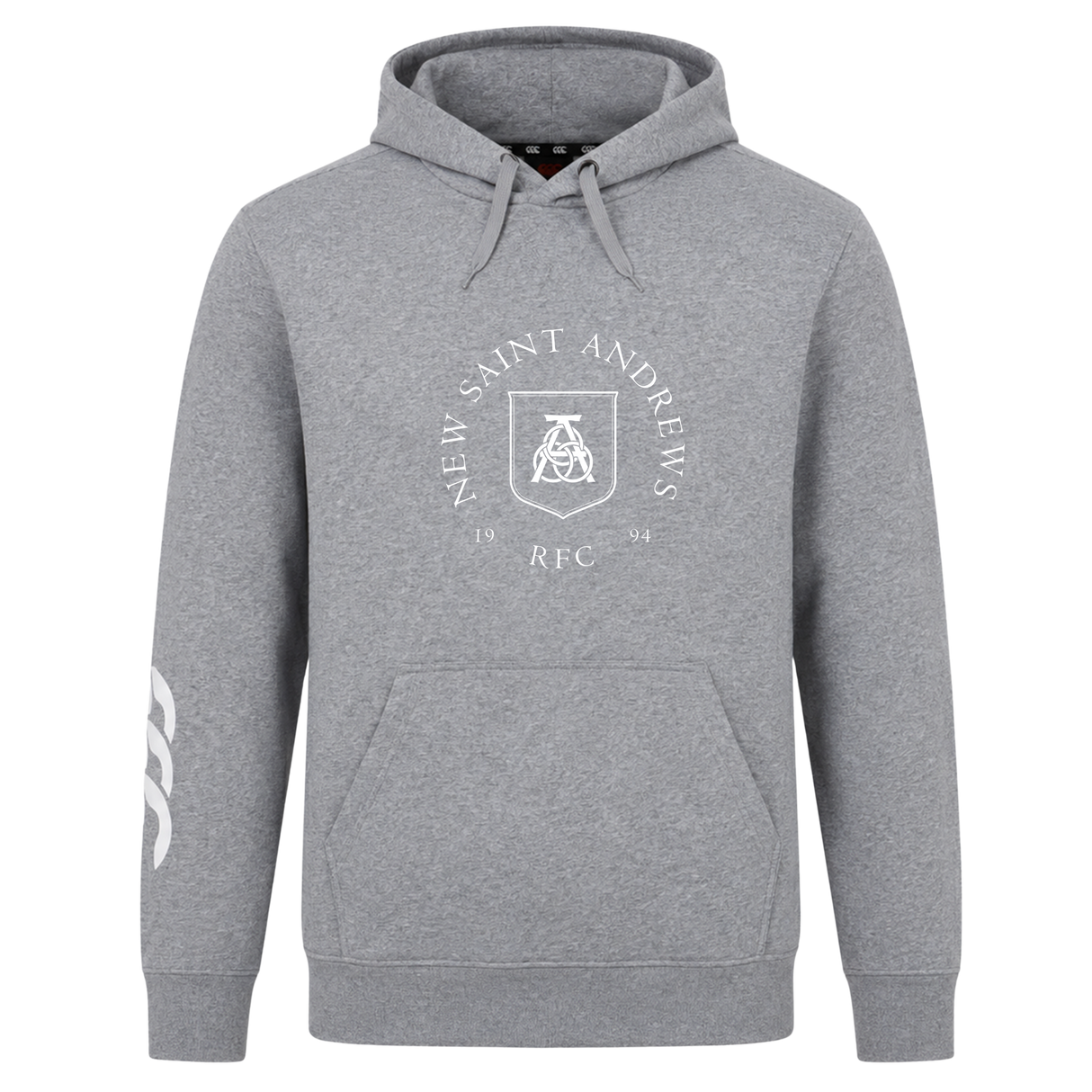 Introducing the New Saint Andrews College Club Hoodie by Canterbury from WRS Canterbury—a gray hooded sweatshirt with a front pocket, inspired by classic rugby club designs. It features “New Saint Andrews RFC 1994” and a crest on the chest, plus a white graphic on the left sleeve.