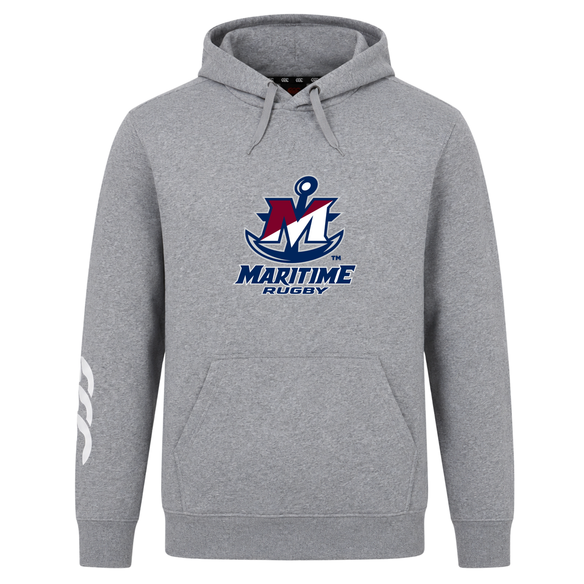 Grey SUNY Maritime Men’s Rugby Club Hoodie by Canterbury featuring a “Maritime Rugby” logo with a large letter M and an anchor icon on the chest.