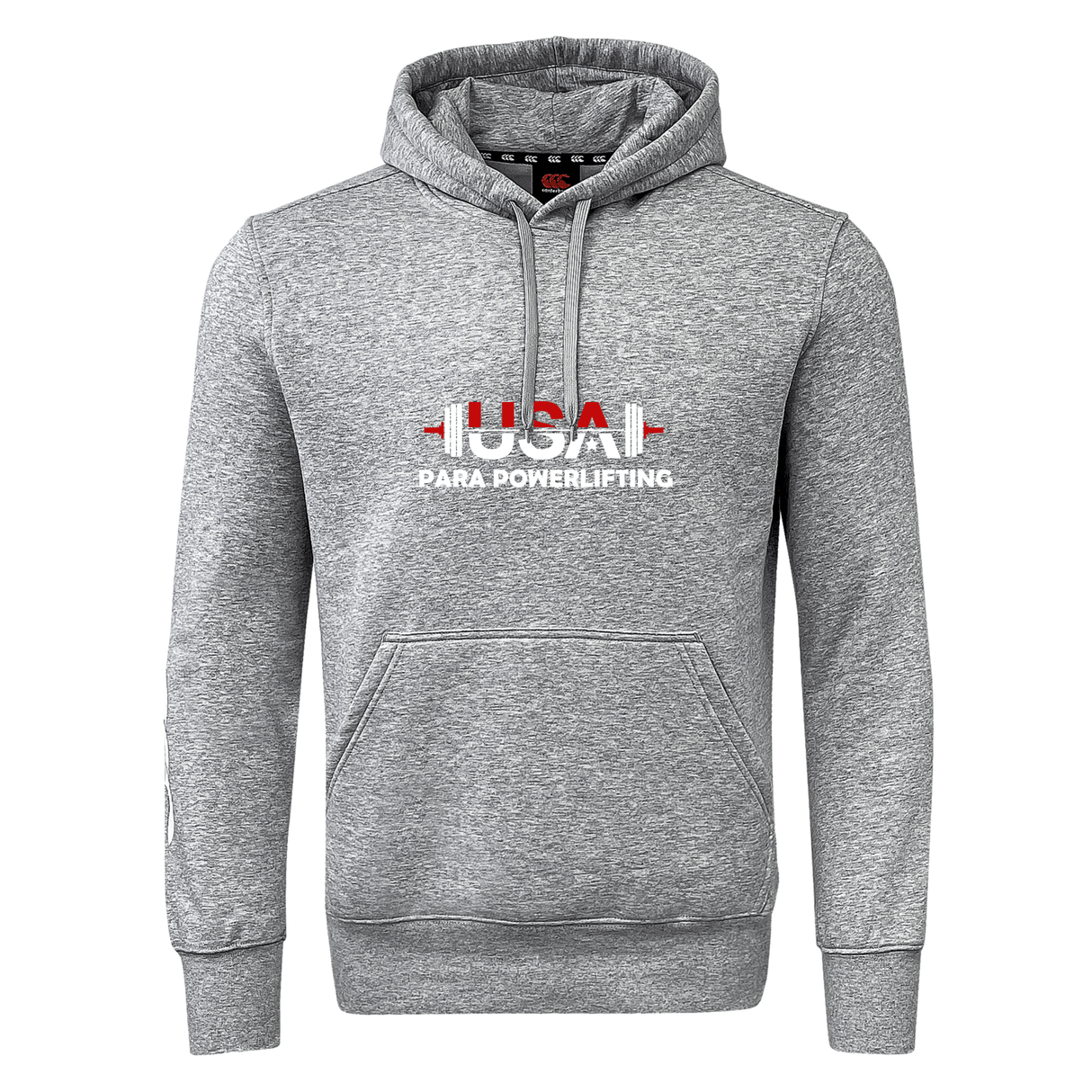 The USA Para Powerlifting Club Hoodie by WRS Canterbury features "USA Para Powerlifting" and a red and white barbell graphic on the front—a sporty, customizable hoodie for fans and athletes.