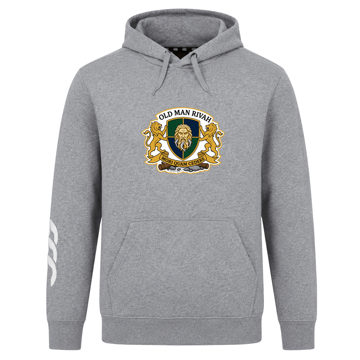 The Old Man Rivah Rugby Club Hoodie by WRS Canterbury features a gray custom design with a lion crest, "OLD MAN RIVALRY" and "BOUT OUR CHUBS" on the front, plus white curved stripes on the right sleeve for classic rugby style.