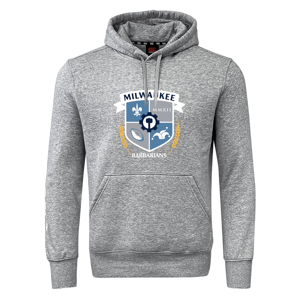 The Milwaukee Barbarians Rugby Club Hoodie by WRS Canterbury is a gray hooded sweatshirt with a front pocket and printed crest design featuring "Milwaukee Barbarians" and club symbols on the chest.