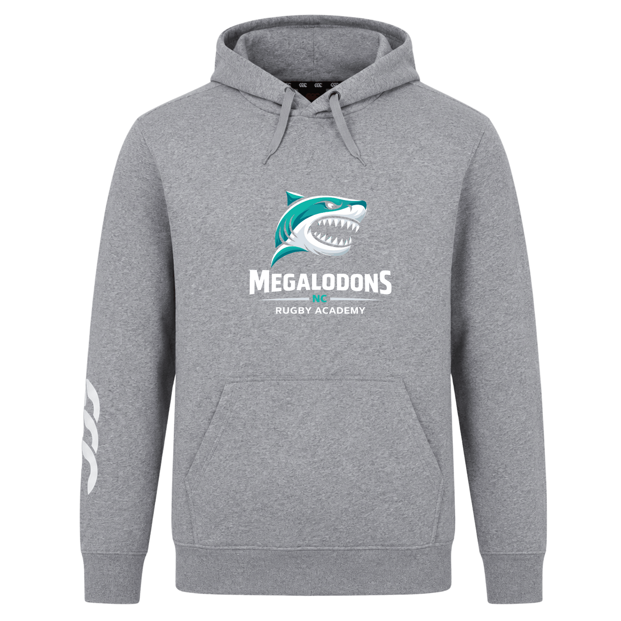 The NC Rugby Academy - Megalodons Club Hoodie by WRS Canterbury features a stylized shark logo and "Megalodons NC Rugby Academy" text, plus a white left sleeve graphic—ideal for rugby fans and players.