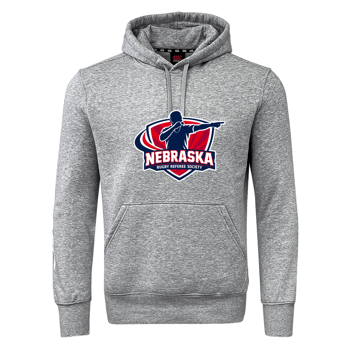 The Nebraska Rugby Referee Society Club Hoodie by Canterbury from WRS Canterbury features a front pocket and logo with a referee silhouette—perfect for rugby club style and comfort.
