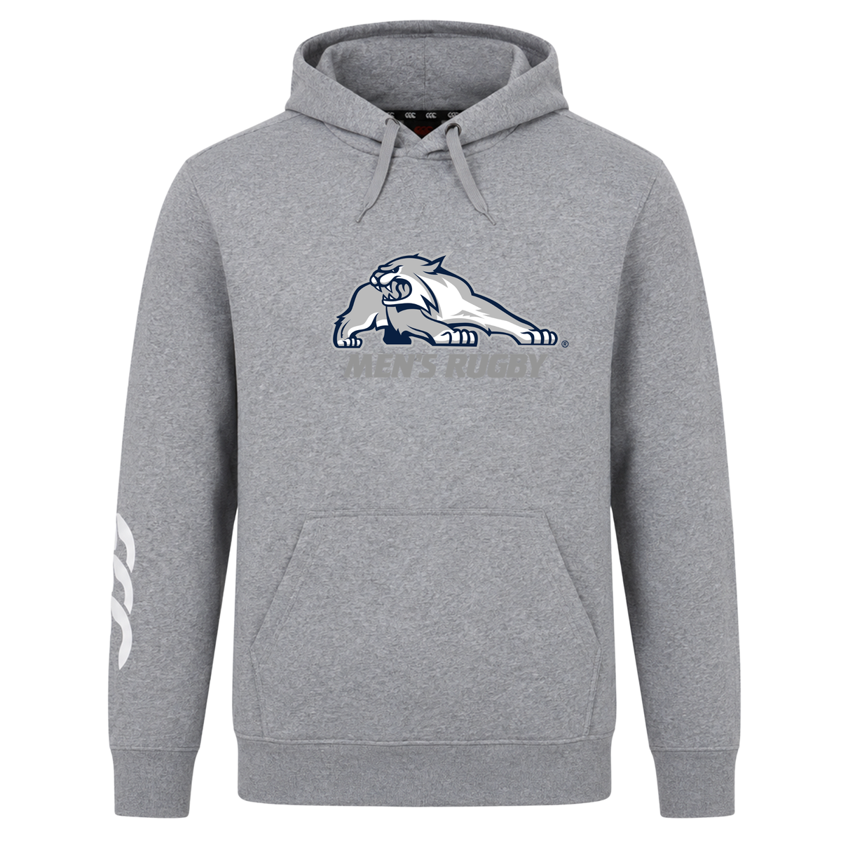 Grey University of New Hampshire Club Hoodie by Canterbury featuring a navy and white wildcat logo above “MEN’S RUGBY” text and a white logo on the sleeve.
