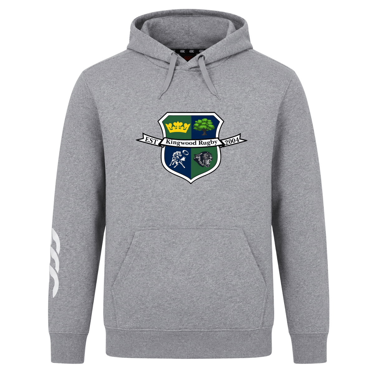 The Kingwood Rugby Club Hoodie by Canterbury from WRS Canterbury features a front pocket, "Kingwood Rugby" crest with "Est. 2014" on the chest, a white graphic on the right sleeve, and is made from soft sweatshirt fleece.