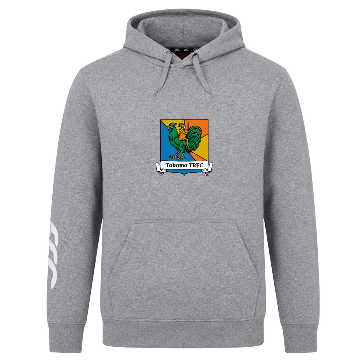 Gray Canterbury Takoma Touch Rugby Club Hoodie with a drawstring hood, front pouch pocket, green rooster emblem, and “Takoma TRFC” text on the chest.
