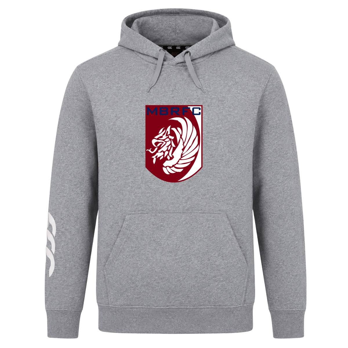 The Montgomery Bucks Griffins Club Hoodie by WRS Canterbury is a gray hoodie with a red and white lion crest, "MBRFC" on the chest, and a white left-sleeve graphic—ideal for true rugby fans.