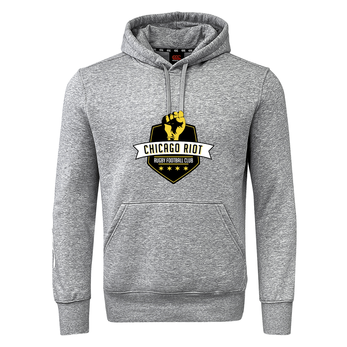 The Chicago Riot Club Hoodie by Canterbury from WRS Canterbury features a gray fleece design with a "Chicago Riot Rugby Football Club" logo—raised yellow fist and black shield—on the chest for cozy comfort.