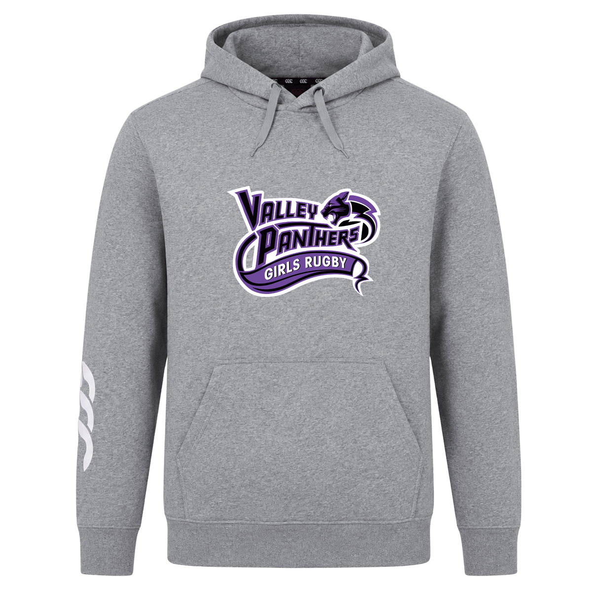 The Valley Panthers Girls Rugby Club Hoodie by WRS Canterbury is crafted from soft sweatshirt fleece for comfort and warmth. This gray hoodie features a front pocket, a “Valley Panthers Girls Rugby” logo in purple and white on the chest, and a white graphic on the left sleeve.