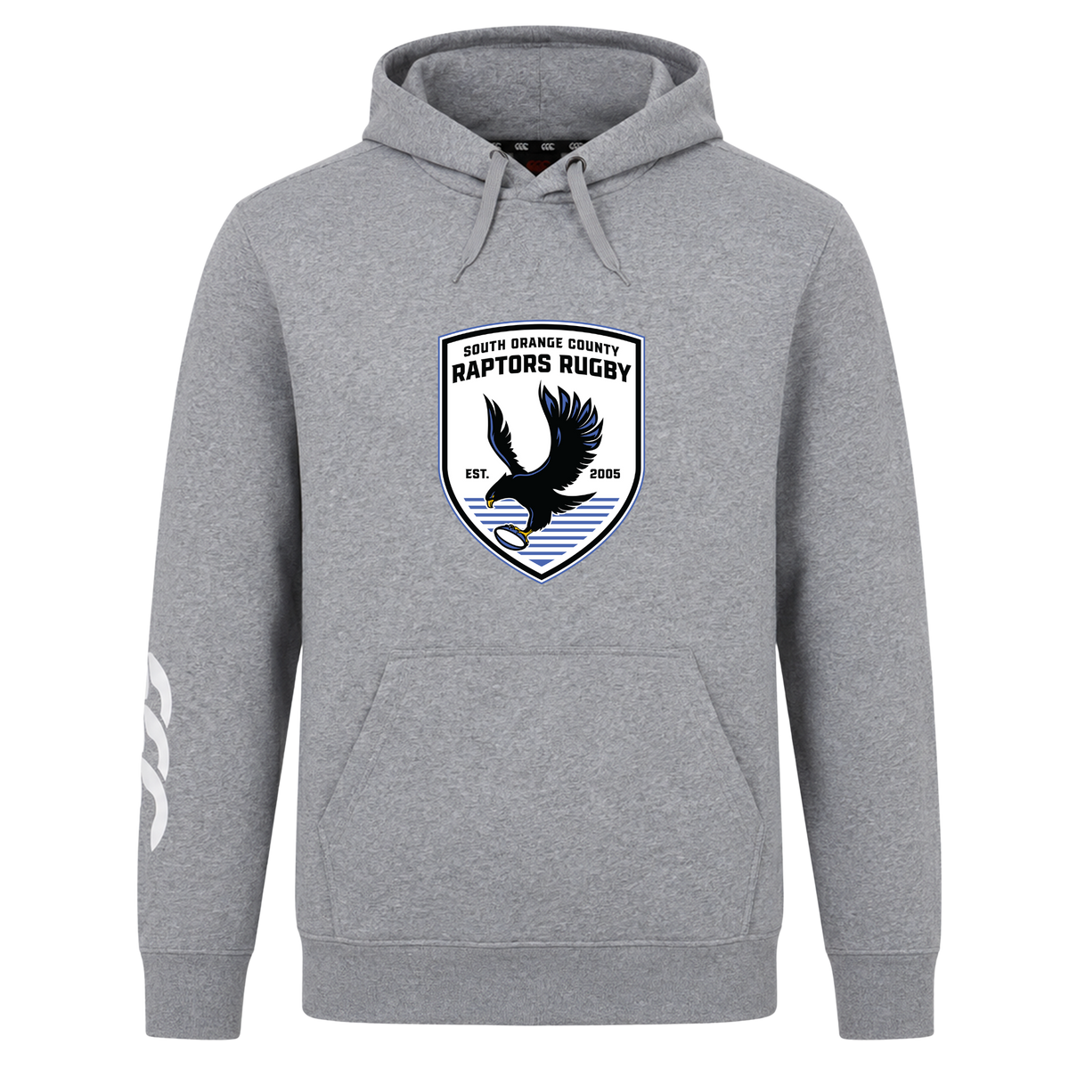 The South Orange County Raptors Club Hoodie by Canterbury, from WRS Canterbury, is a gray hooded sweatshirt featuring a bold “South Orange County Raptors Rugby” logo with an eagle on the chest and an eye-catching white design on the left sleeve. This custom hoodie is ideal for showcasing your rugby club pride both on and off the field.