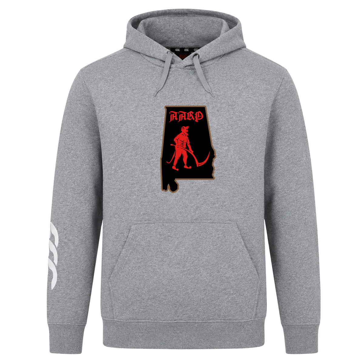 Aging Alabama Rugby Players Club Hoodie by WRS Canterbury featuring a graphic of the state of Alabama containing a red devil figure and the text “HARD.”.