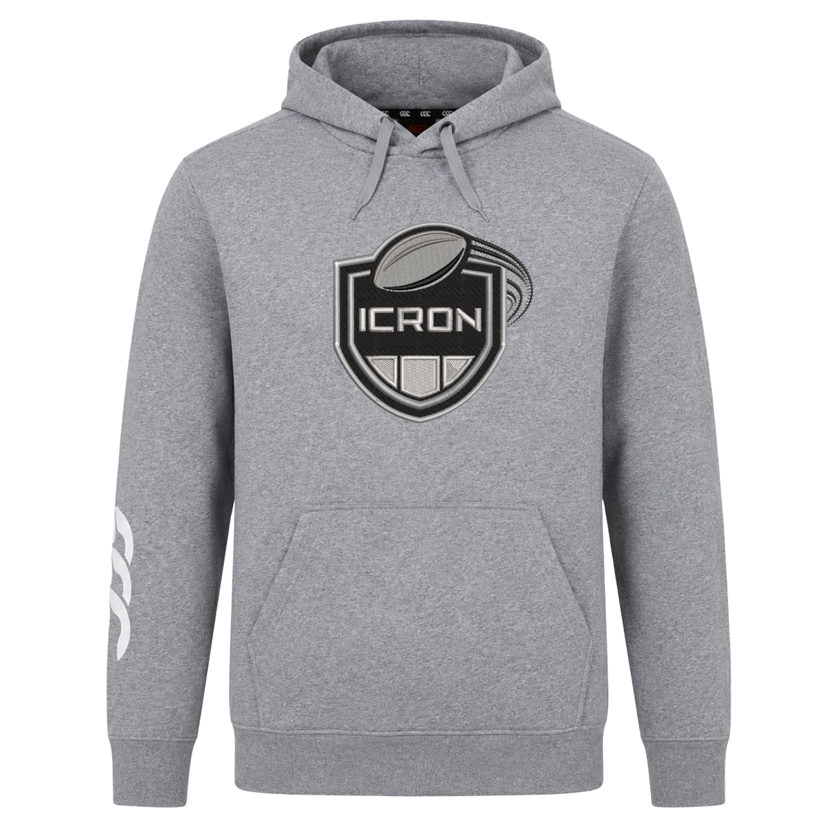 Grey ICRON Club Hoodie by Canterbury with a drawstring hood, front pouch pocket, and a black shield logo featuring a rugby ball and the text “ICRON” on the chest.