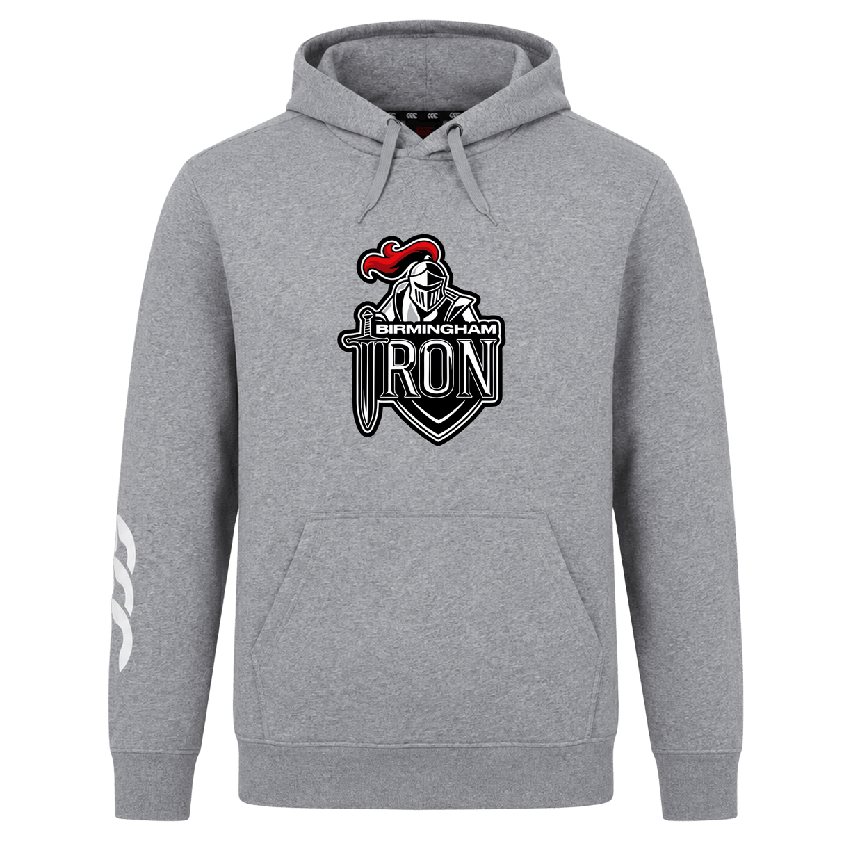 The Birmingham Iron Women's Football Club Hoodie by WRS Canterbury features the team logo on the chest and a white sleeve graphic, inspired by classic rugby club styles.