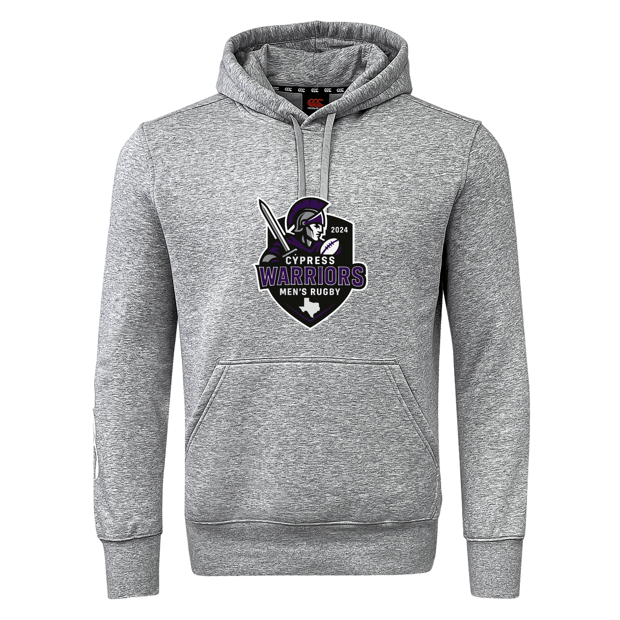 The Cypress Warriors Men's Rugby Club Hoodie by Canterbury from WRS Canterbury features a front pocket and a "Cypress Warriors Men's Rugby 2024" chest logo in black, purple, and white—a perfect choice for rugby fans.