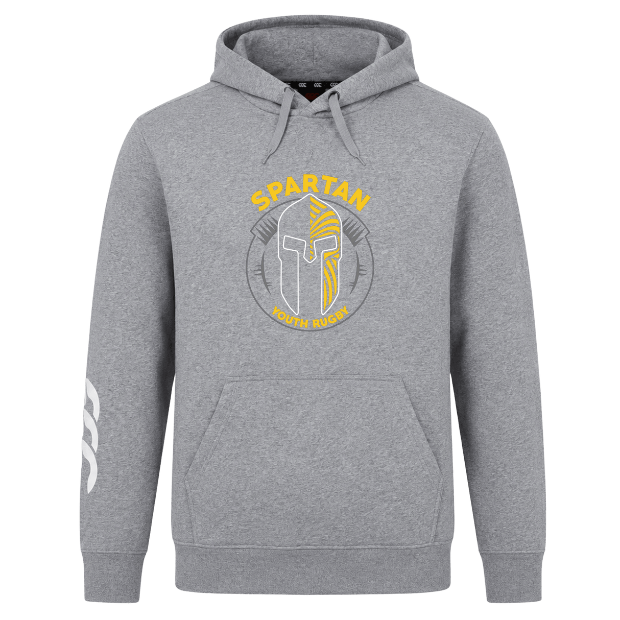 The Spartan Youth Rugby Club Hoodie by Canterbury from WRS Canterbury features a Spartan helmet logo on the chest and a white sleeve design—ideal rugby wear for fans and players seeking style and comfort.