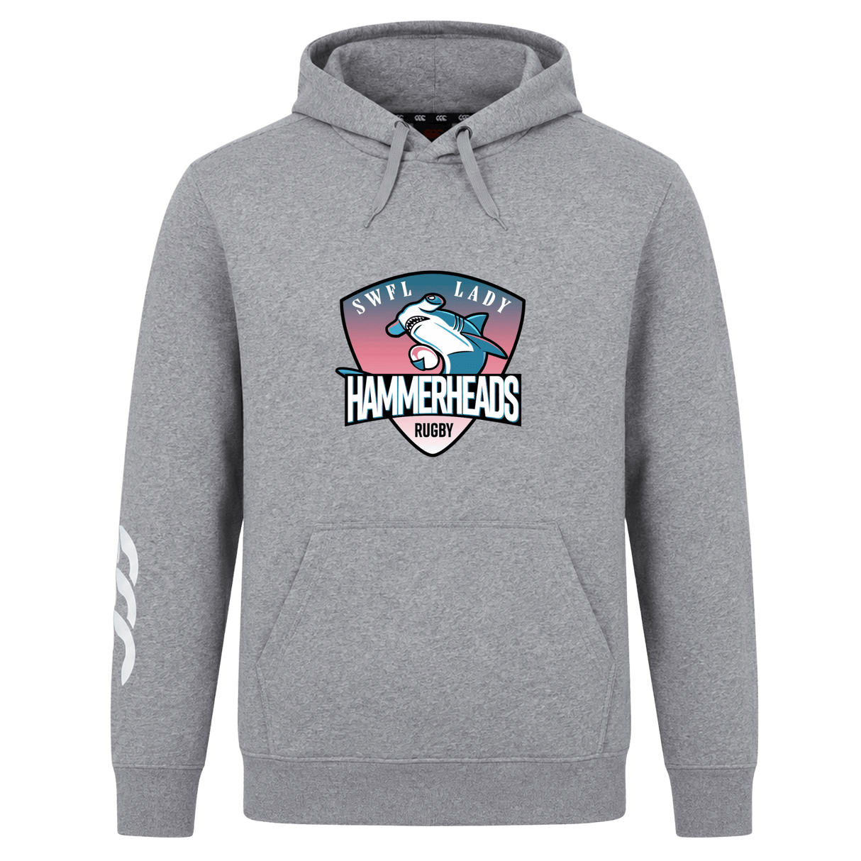 The SWFL Lady Hammerheads Club Hoodie by Canterbury, from WRS Canterbury, features a gray design with the "SWPL Lady Hammerheads Rugby" logo and a hammerhead shark holding a rugby ball on the front.