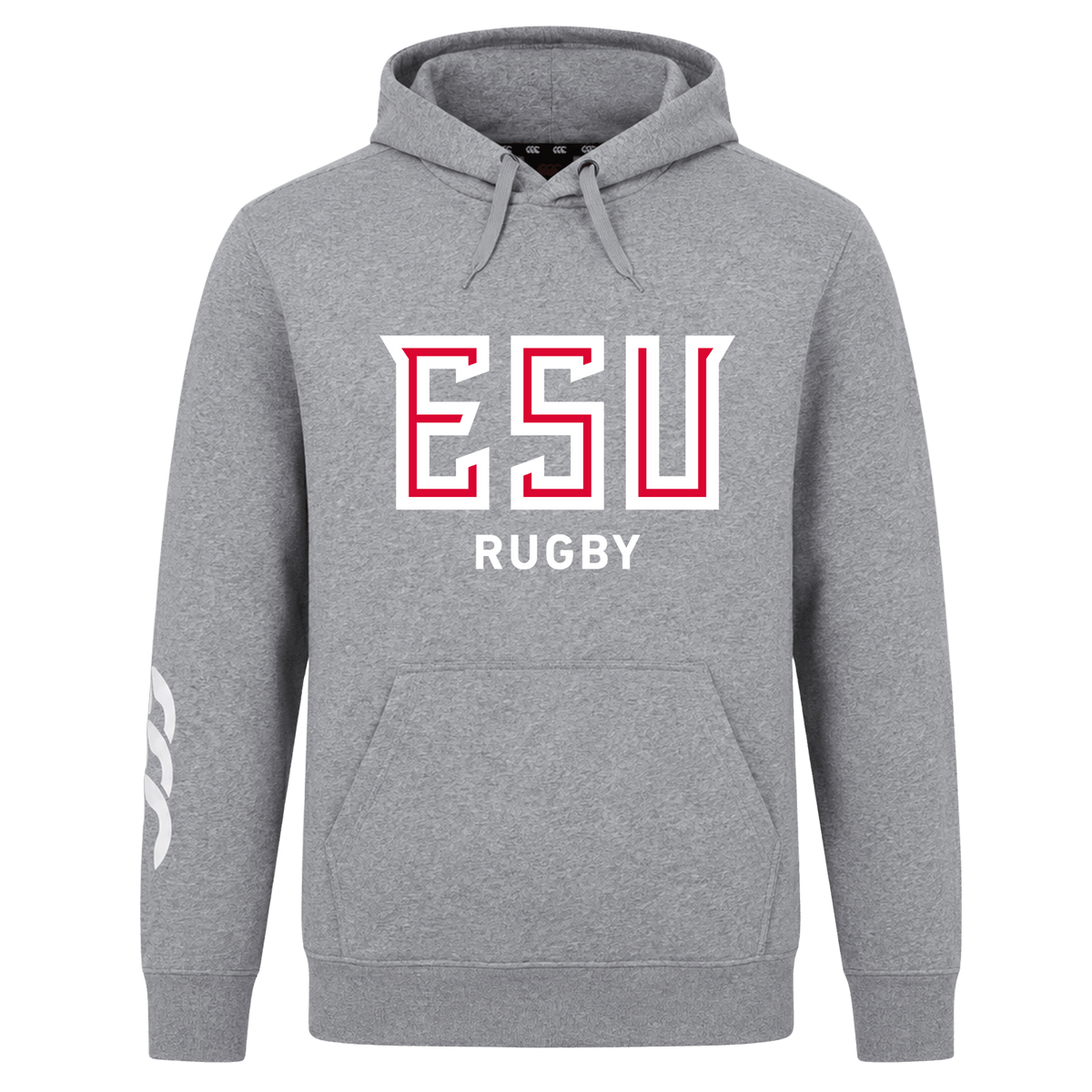 The East Stroudsburg University Club Hoodie by WRS Canterbury features "ESU RUGBY" in white and red on the front and a white sleeve graphic—ideal for showing your club pride.