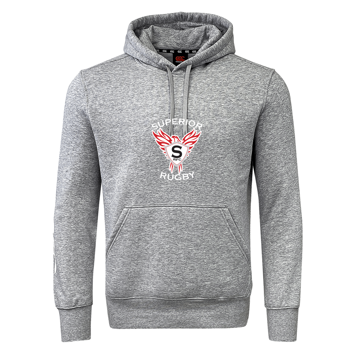 The Superior Rugby Club Club Hoodie by WRS Canterbury features a gray design, kangaroo pocket, and "Superior Rugby" logo with red wings and central "S"—ideal as a custom team hoodie for any rugby club.