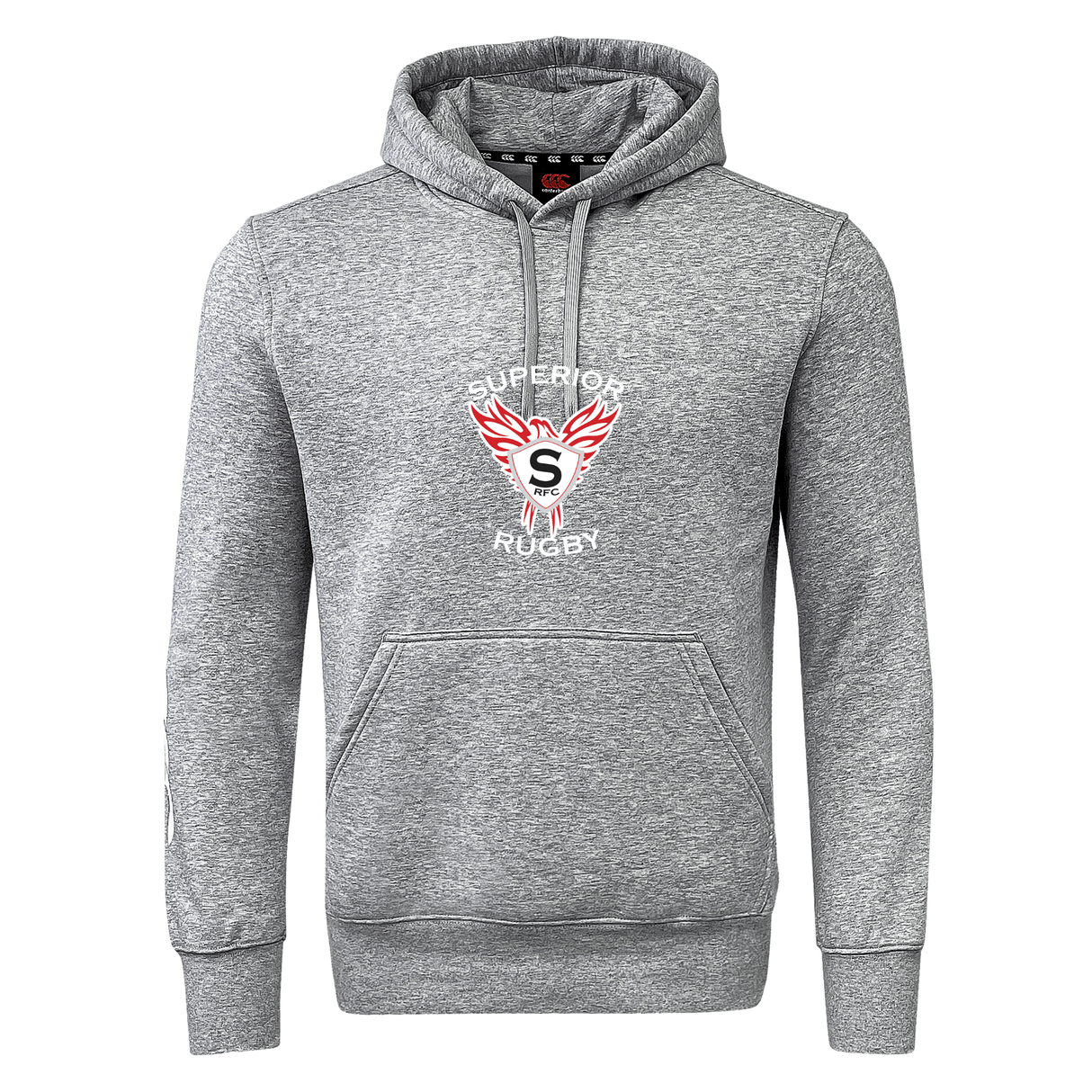 The Superior Rugby Club Club Hoodie by WRS Canterbury features a gray design, kangaroo pocket, and "Superior Rugby" logo with red wings and central "S"—ideal as a custom team hoodie for any rugby club.