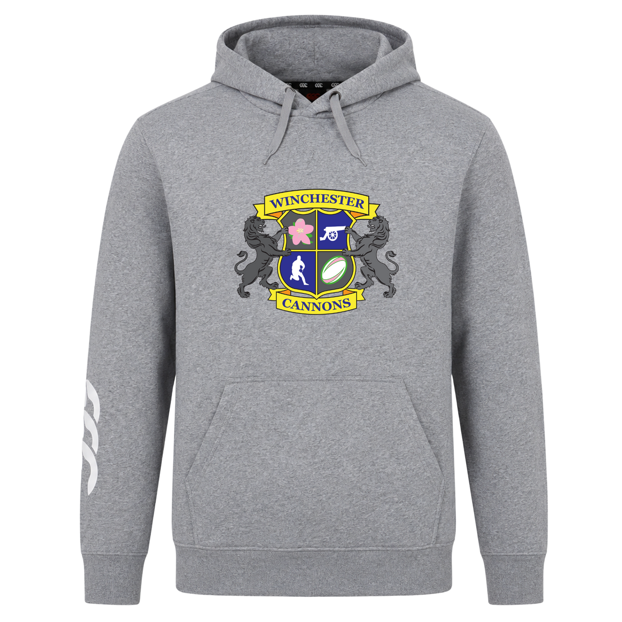 The Winchester Cannons Club Hoodie by WRS Canterbury features the club crest with sports icons and two lions on the front, plus a white sleeve graphic—offering standout rugby club style in classic gray.