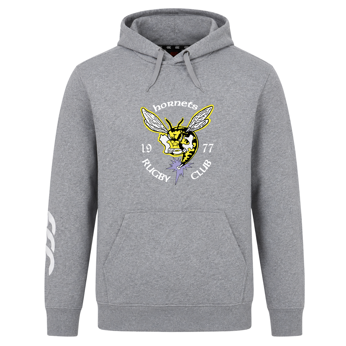 The Hornets Rugby Club 1977 Club Hoodie by Canterbury from WRS Canterbury is a gray hoodie featuring a printed hornet graphic and "Hornets Rugby Club 1977" text across the chest, with three white stripes on the right sleeve—an ideal addition to any rugby club hoodie collection.