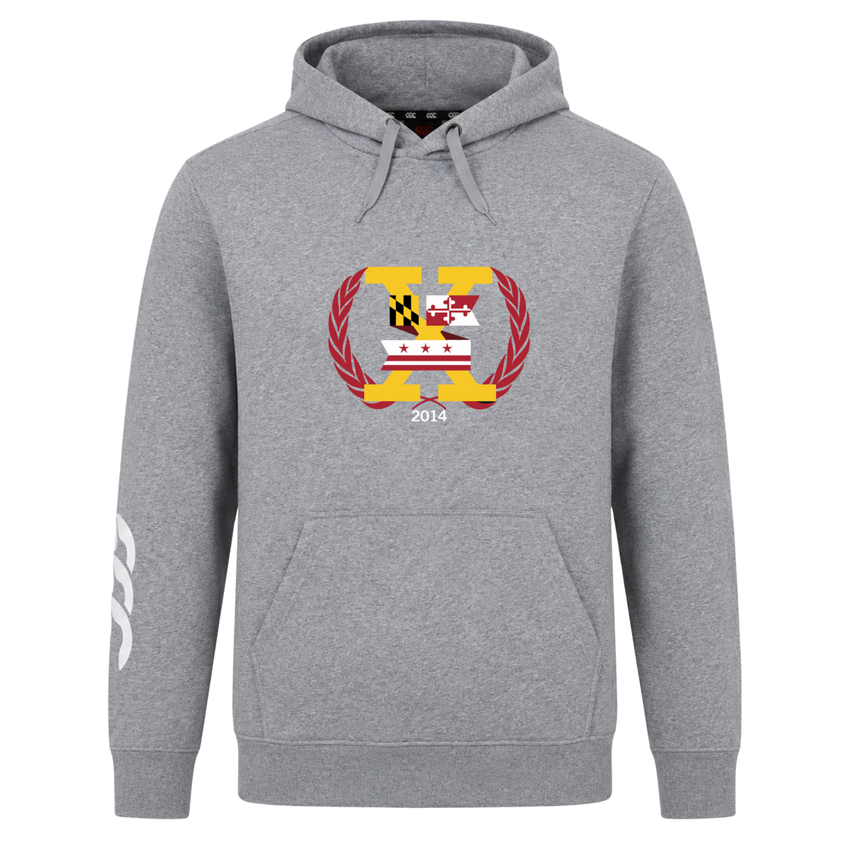 Stay classic and comfortable in the Potomac Exiles Rugby Club Club Hoodie by Canterbury—a gray fleece hoodie from WRS Canterbury featuring a central logo with flags, a laurel wreath, and "2014," plus a bold white sleeve design for timeless rugby club style. Perfect for those seeking a standout custom hoodie.
