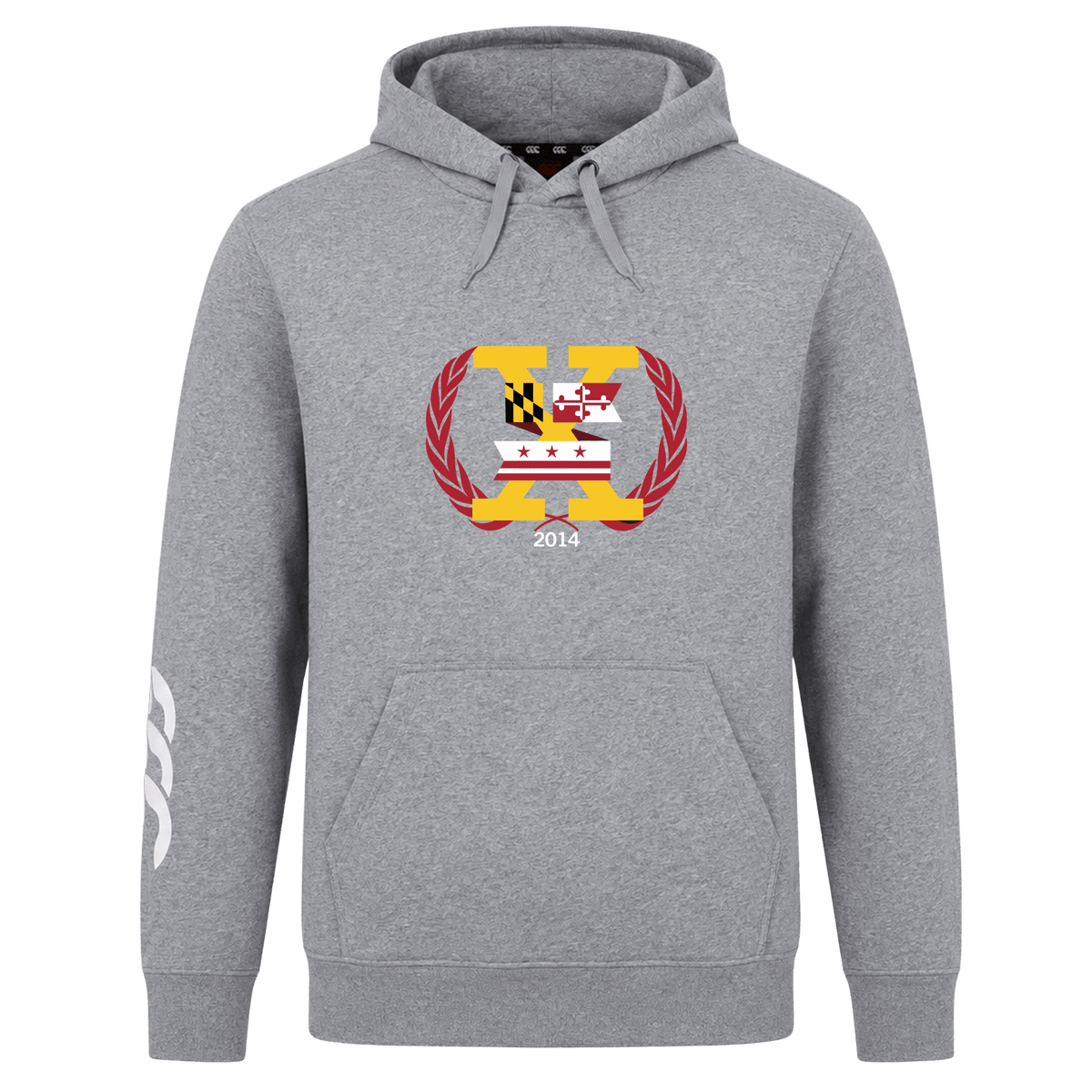 Stay classic and comfortable in the Potomac Exiles Rugby Club Club Hoodie by Canterbury—a gray fleece hoodie from WRS Canterbury featuring a central logo with flags, a laurel wreath, and "2014," plus a bold white sleeve design for timeless rugby club style. Perfect for those seeking a standout custom hoodie.
