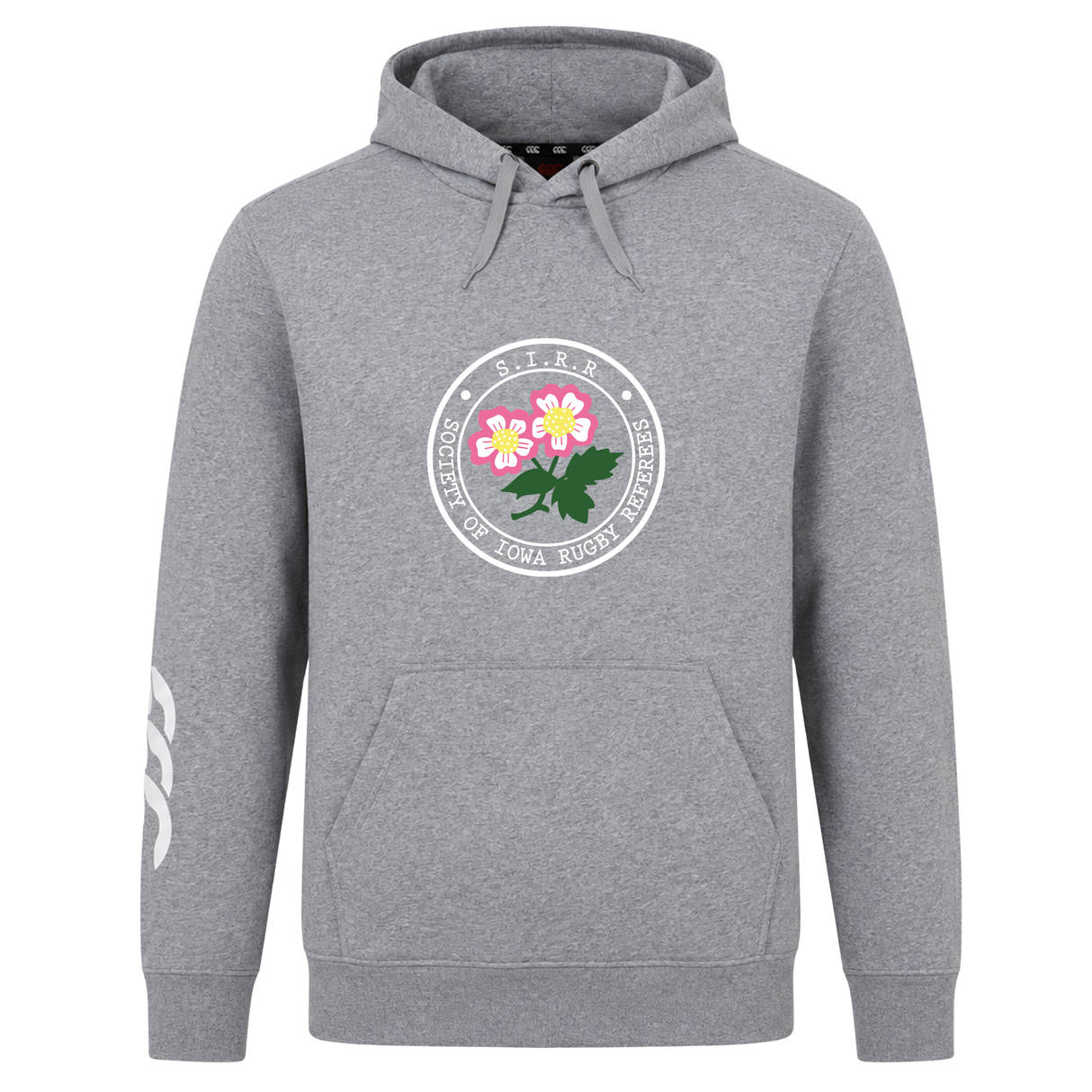 The Society of Iowa Rugby Referees Club Hoodie by Canterbury from WRS Canterbury is a gray hooded sweatshirt with a front pocket, featuring a circular emblem with pink flowers and text, plus a white logo on the right sleeve—a stylish and comfortable customizable hoodie, perfect for fans seeking a unique Rugby Club Hoodie.