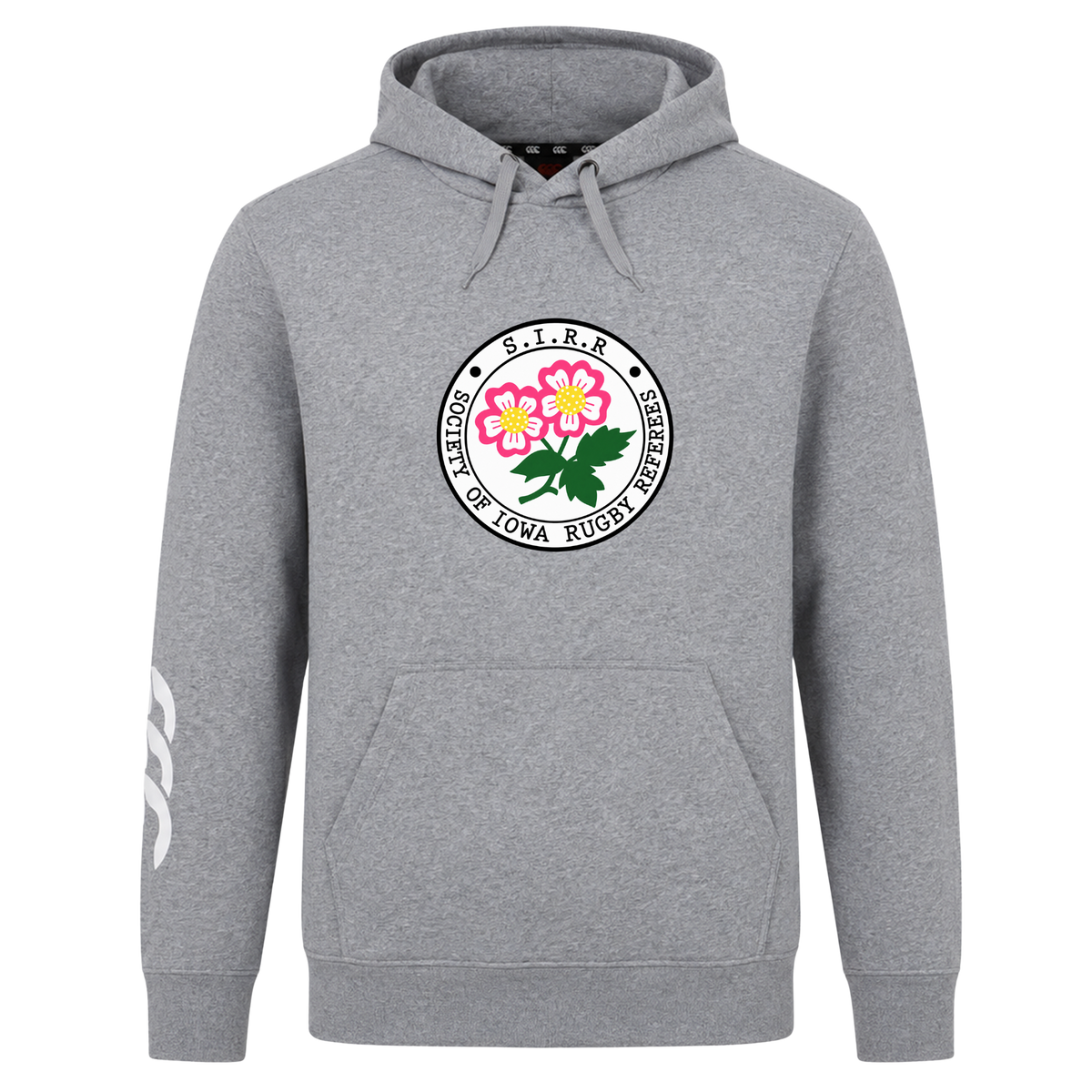 The Society of Iowa Rugby Referees Club Hoodie by Canterbury from WRS Canterbury is a gray rugby hoodie with a handy front pocket and white markings on the right sleeve. It showcases a distinctive round “Society of Iowa Rugby Enthusiasts” logo with two pink flowers, offering comfort and team spirit for dedicated fans.
