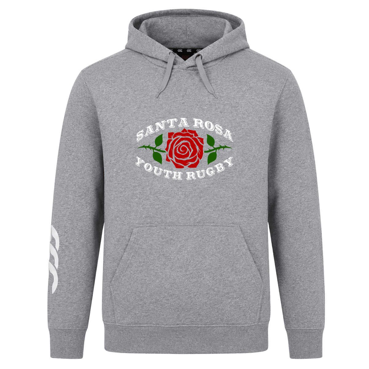 The Santa Rosa Youth Rugby Club Hoodie by Canterbury from WRS Canterbury is a gray hooded sweatshirt featuring a red rose and green leaves graphic. It has white “Santa Rosa Youth Rugby” text above and below the design, along with a white logo on the right sleeve—making it an ideal addition to any rugby club hoodie collection.