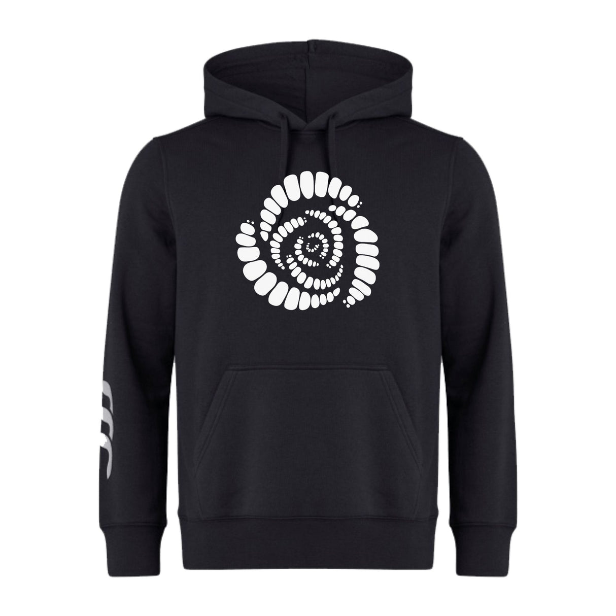 The Missoula All-Maggots Club Hoodie by WRS Canterbury is a black rugby club hoodie showcasing a distinctive white spiral design on the chest and three white curved lines on the left sleeve. This customizable Canterbury hoodie combines comfort and style, making it ideal for teams or casual wear.