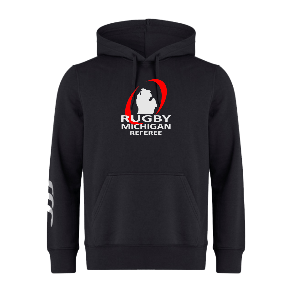 The Rugby Michigan Referee Society Club Hoodie by WRS Canterbury, in black, showcases "Rugby Michigan Referee" along with a sleek silhouette logo on the front. The right sleeve features white stripes that enhance its sporty look. It offers the perfect opportunity for customization to create your own unique Rugby Club hoodie.