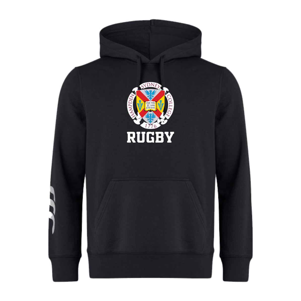 The Hampden-Sydney College Club Hoodie by Canterbury, branded by WRS Canterbury, is a black hoodie featuring the Hampden-Sydney College crest and "Rugby" prominently printed on the front. Made from 300gsm sweatshirt fleece, it includes a front pocket and has a white design on the sleeve.